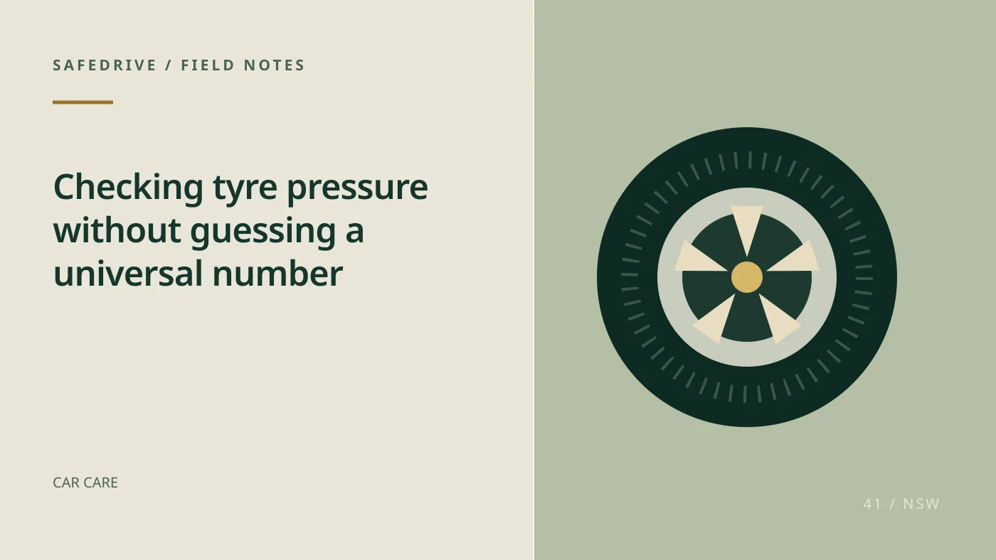 Original editorial illustration for Checking tyre pressure without guessing a universal number