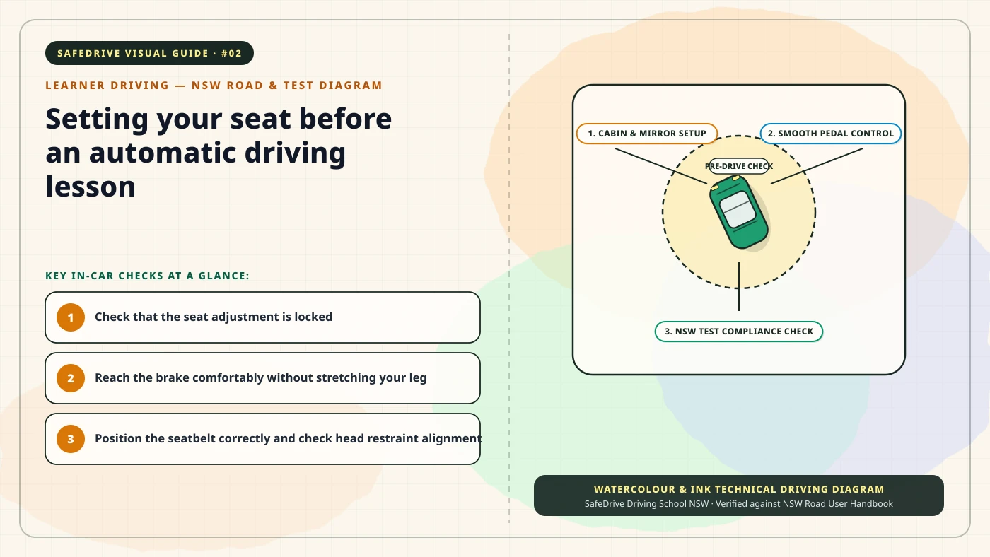 Original editorial illustration for Setting your seat before an automatic driving lesson