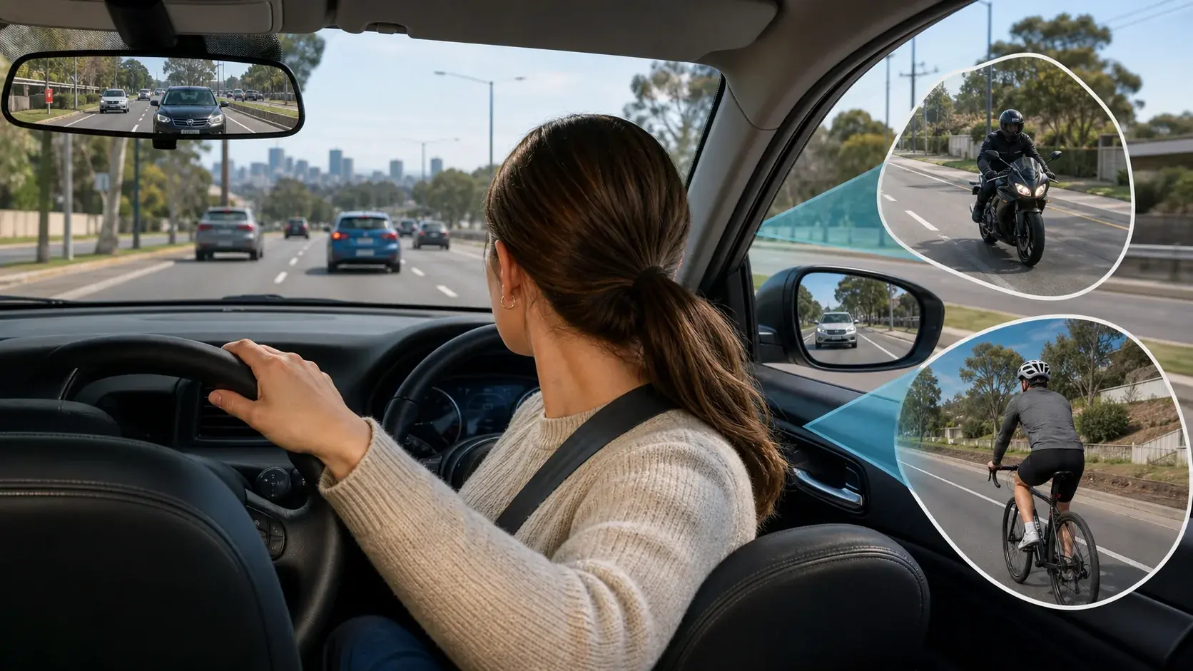NSW learner driver executing a blind spot check and mirror scan before changing lanes.
