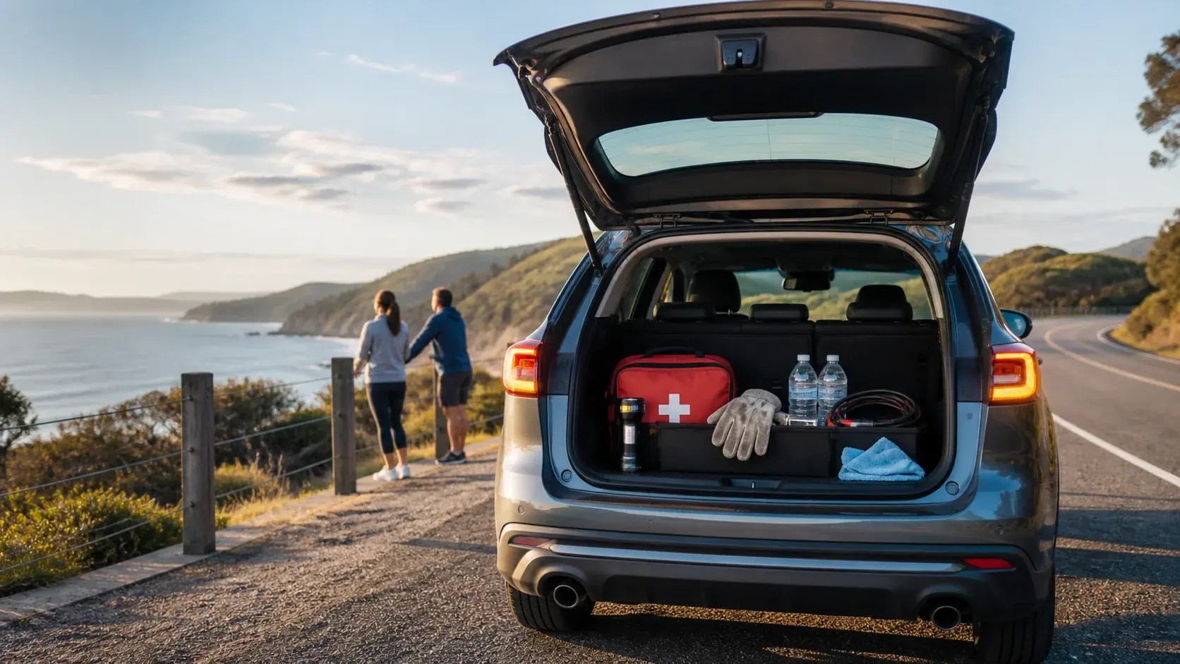 Essential roadside emergency kit with torch, tyre gauge and first aid supplies in an Australian car boot.