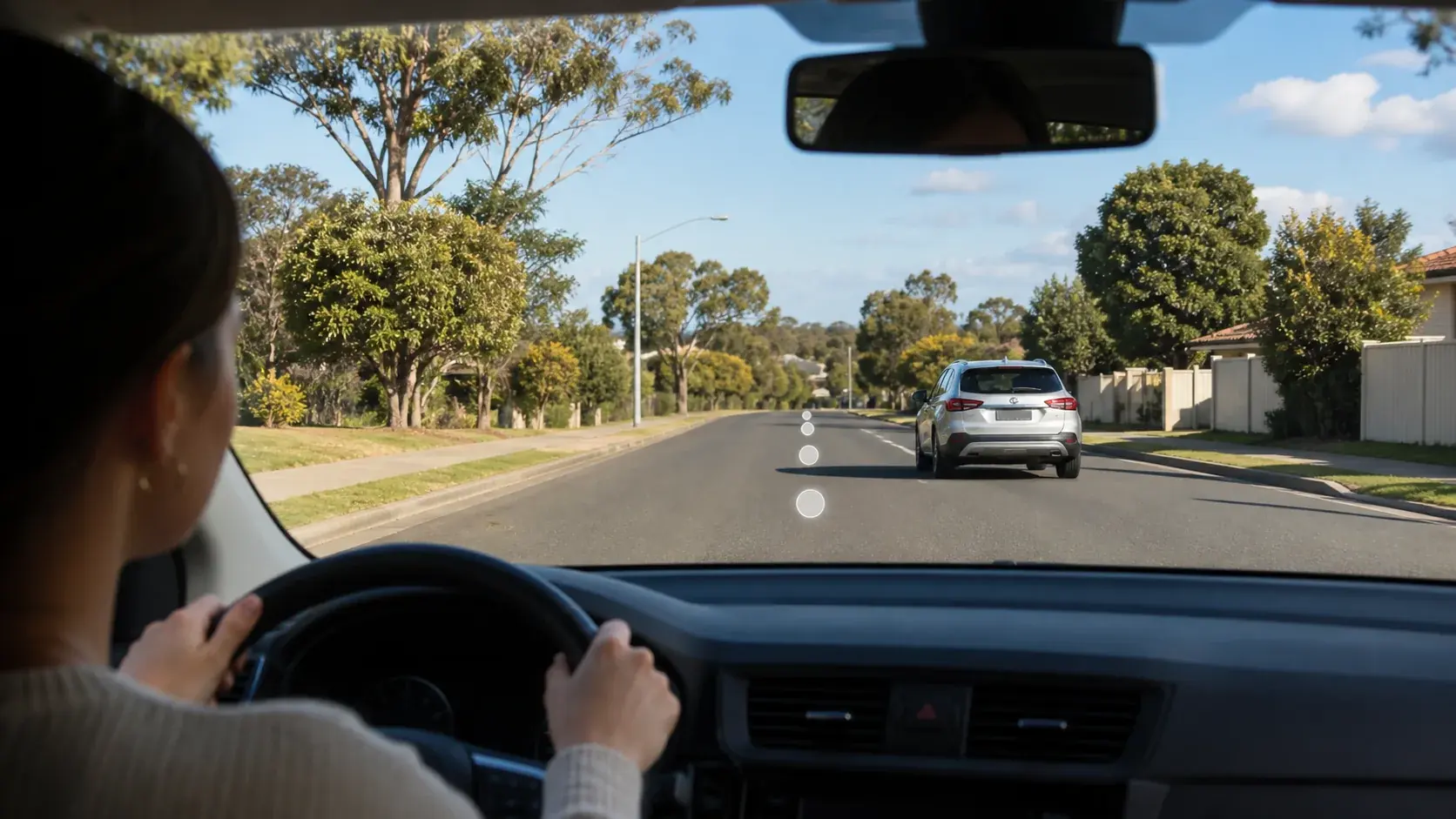 Two vehicles maintaining a safe 3-second following distance on a multi-lane Sydney road.