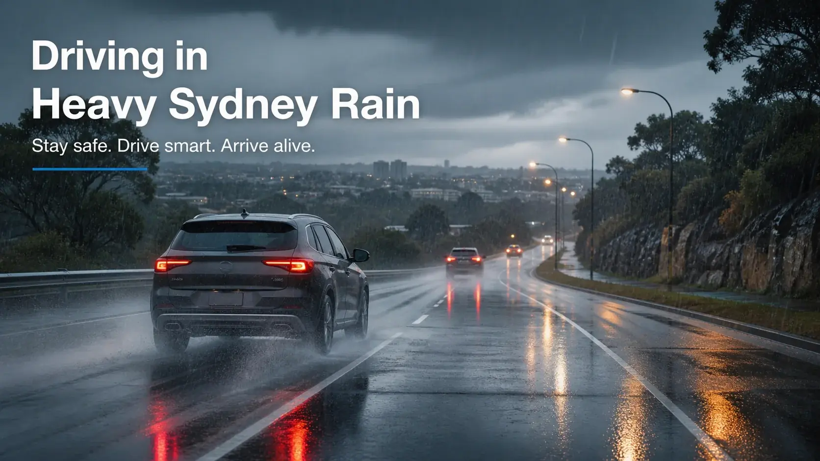 Safe driving in heavy Sydney rain with headlights on and increased stopping distance to prevent hydroplaning.