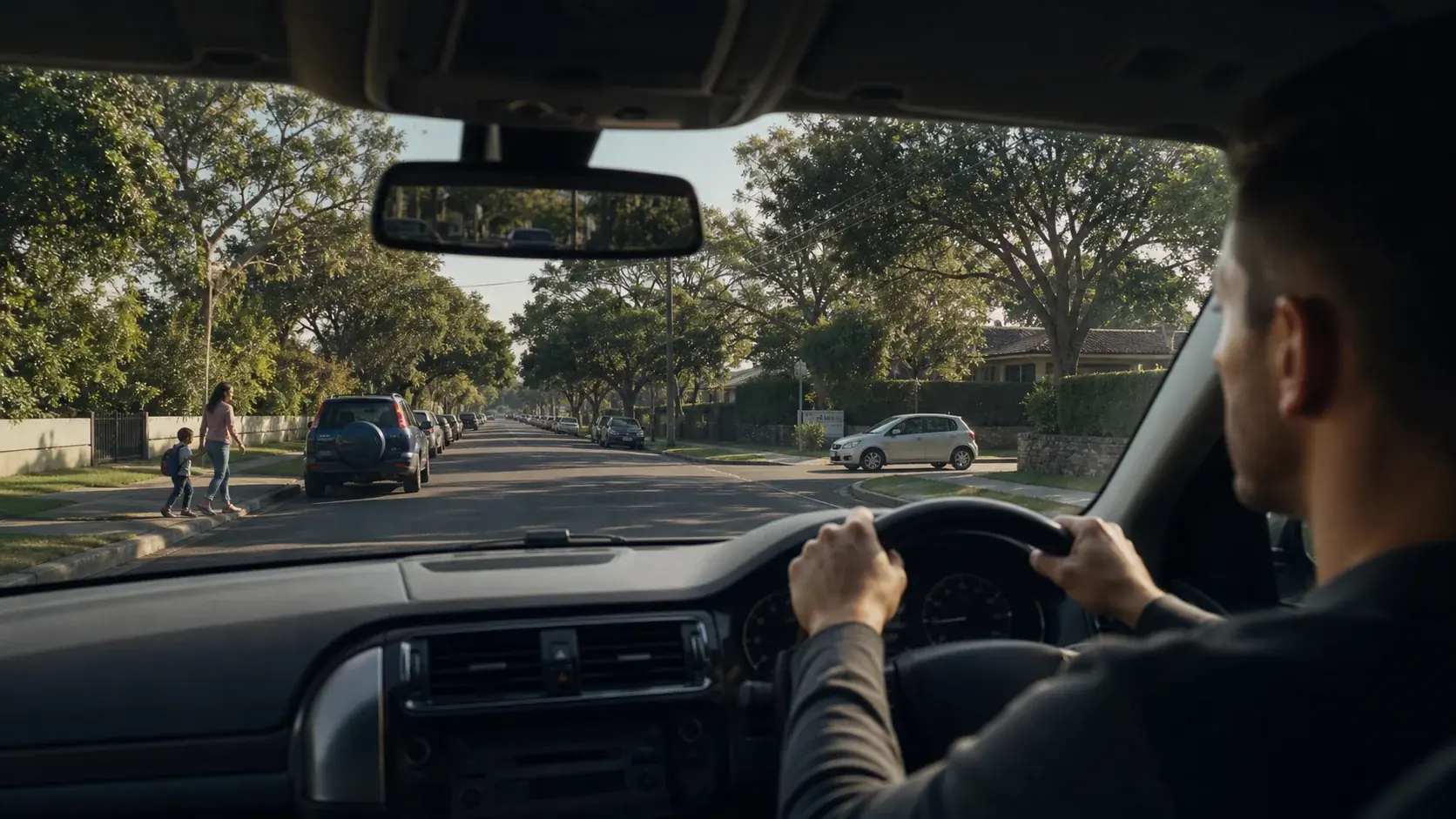 Attentive driver scanning pedestrians, parked vehicles and suburban side streets in Western Sydney.