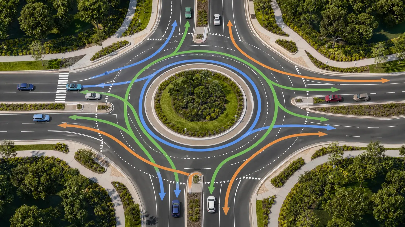 Overhead educational diagram of correct lane positioning and signalling on a Sydney multi-lane roundabout.