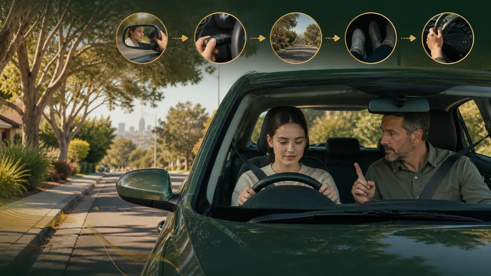Parent supervisor giving calm, clear turn-by-turn driving instructions to a learner in NSW.