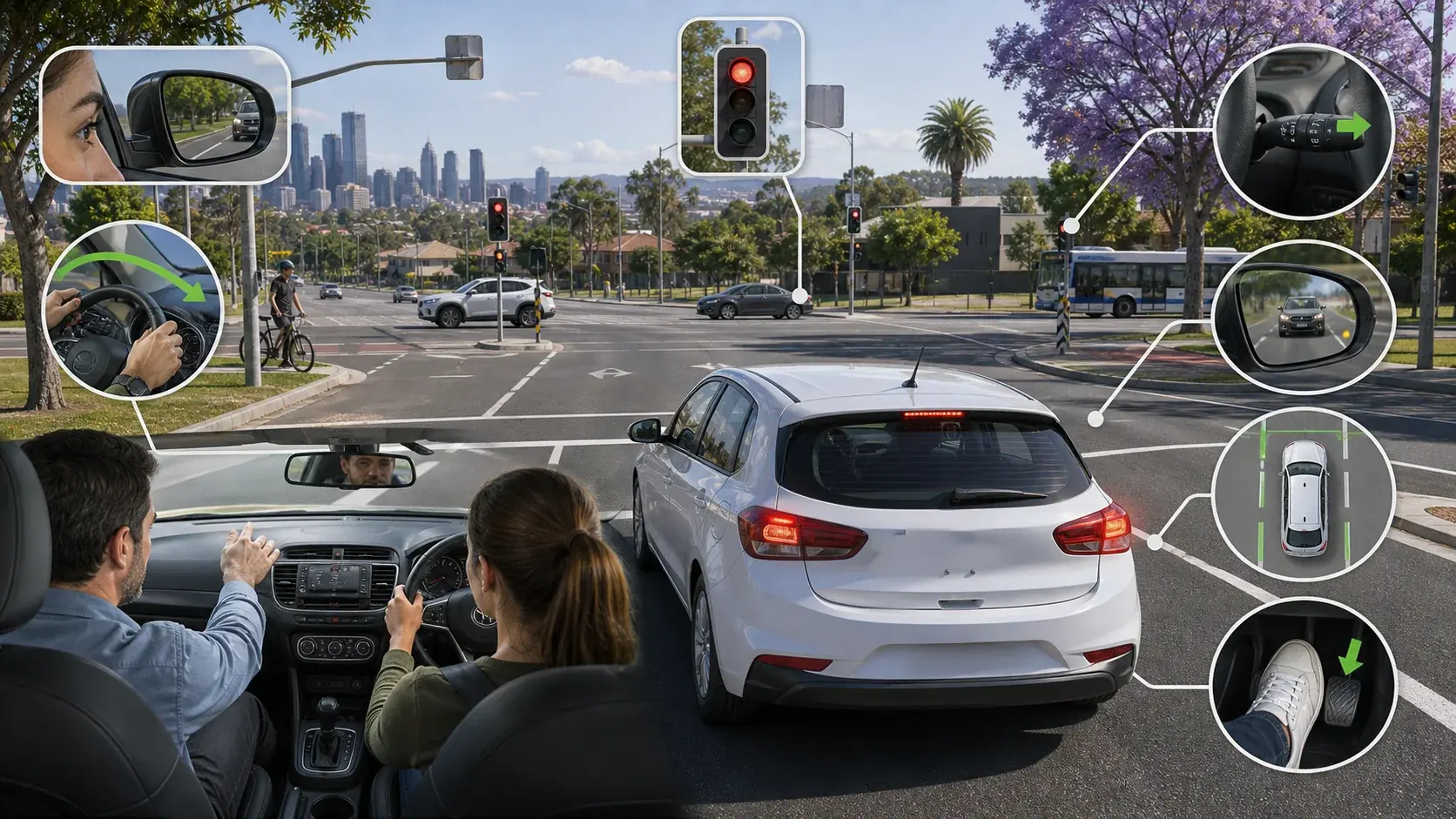 Accredited driving instructor guiding a learner through common NSW driving test observation manoeuvres.