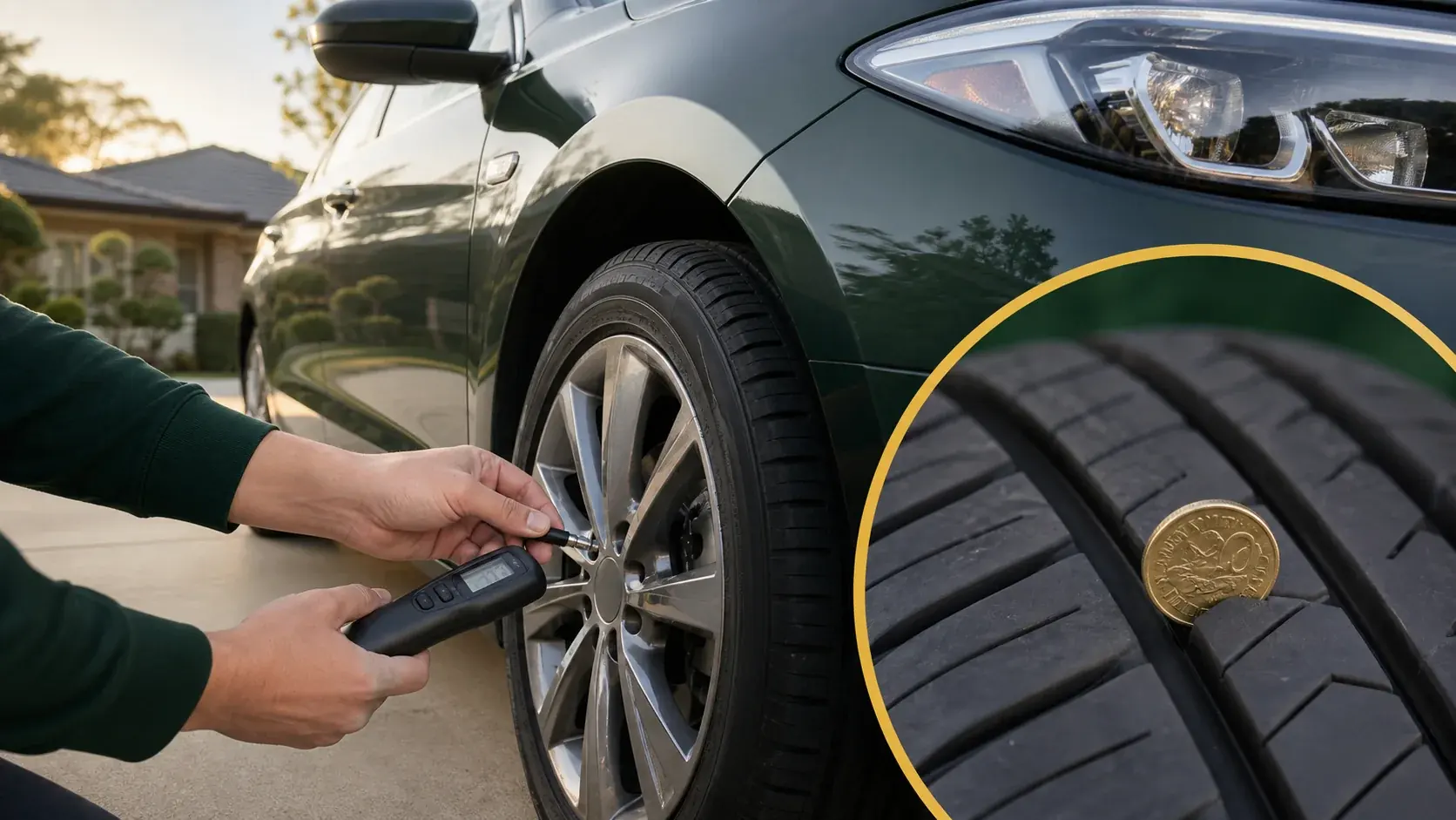 Learner driver checking tyre pressure and tread depth with a digital gauge in Western Sydney.