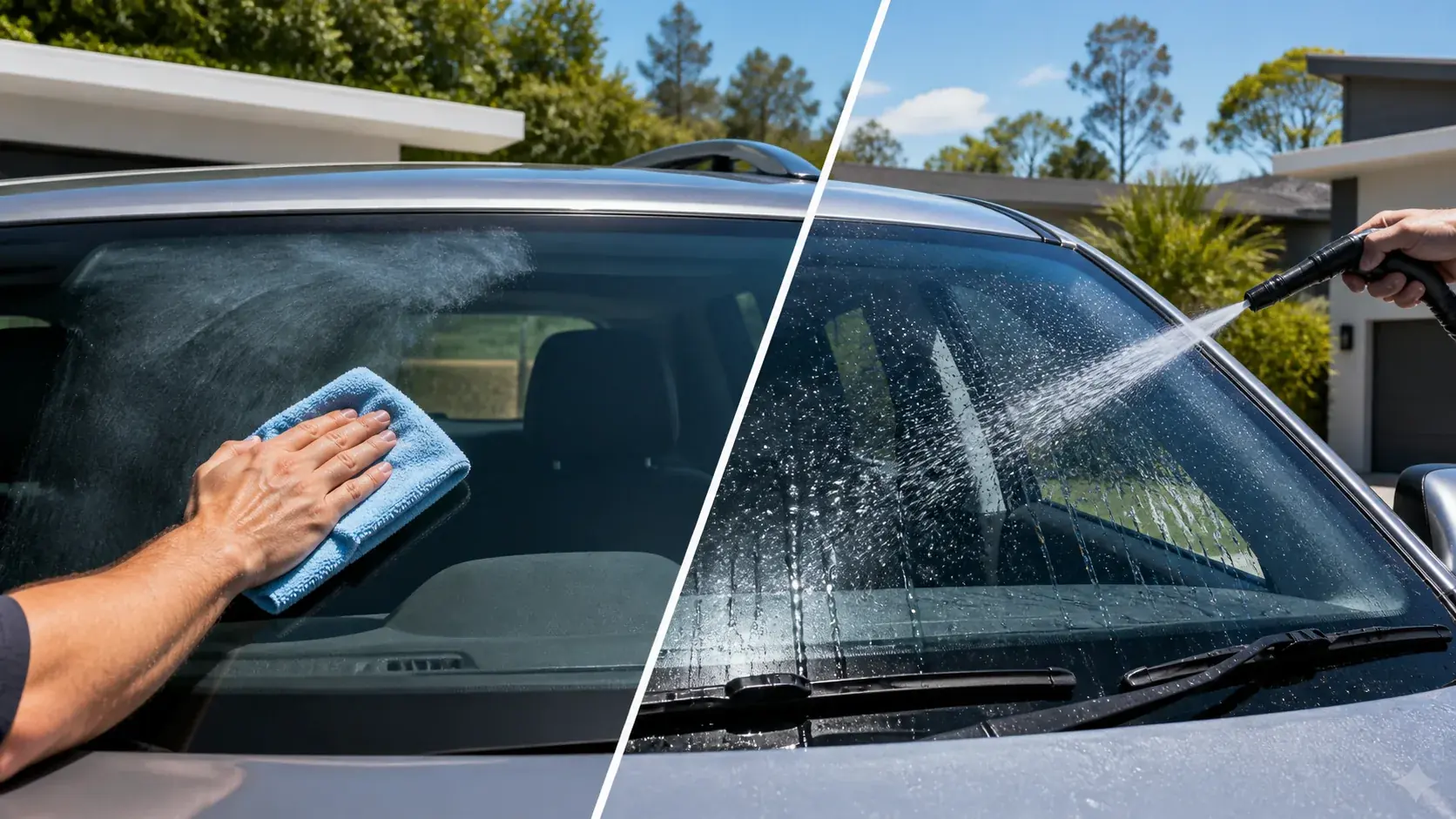 Cleaning interior and exterior car windscreen glass with a microfibre cloth for crystal-clear road visibility.