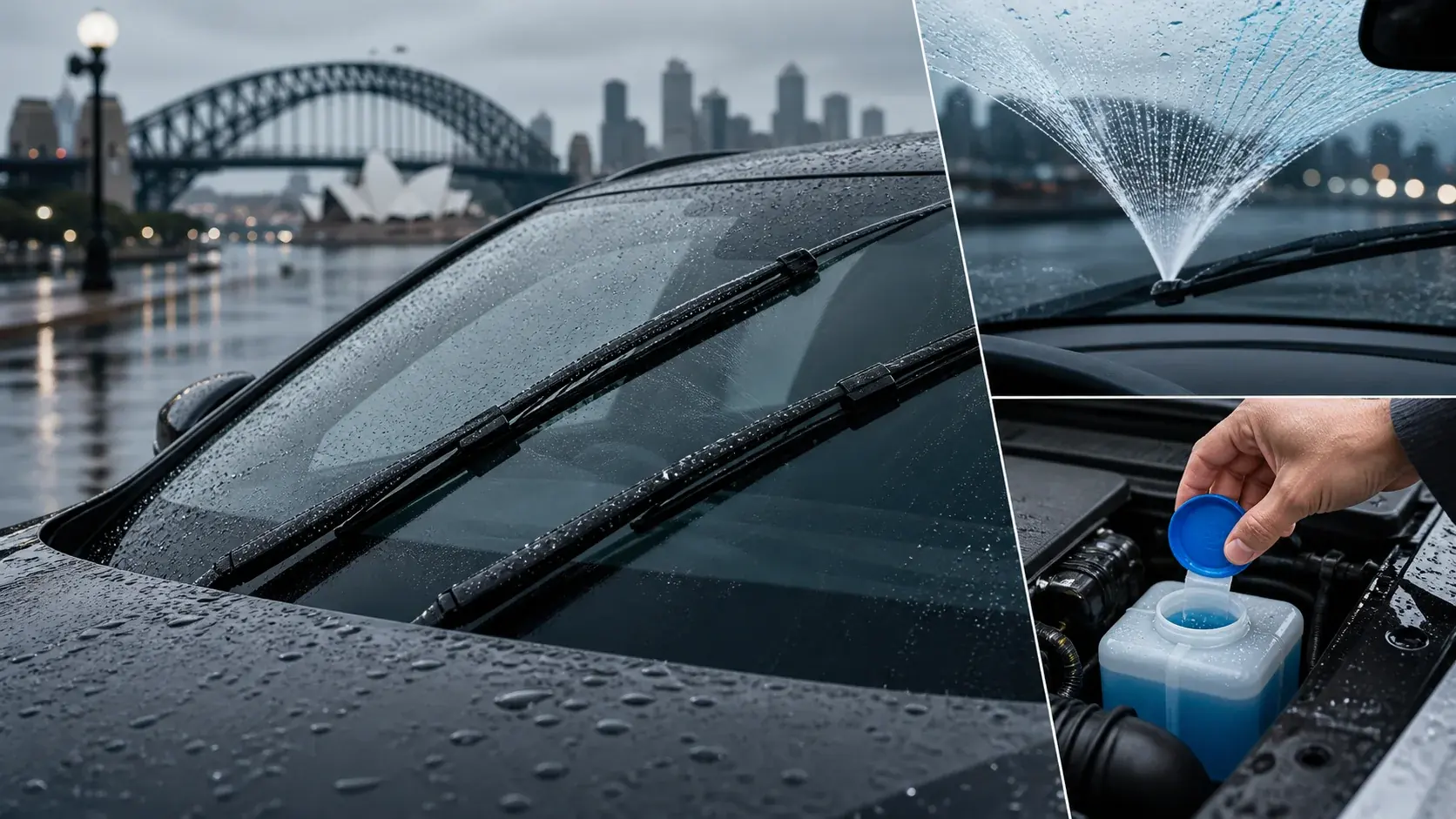 Checking car windscreen wiper blades and washer fluid spray pattern before wet weather driving.